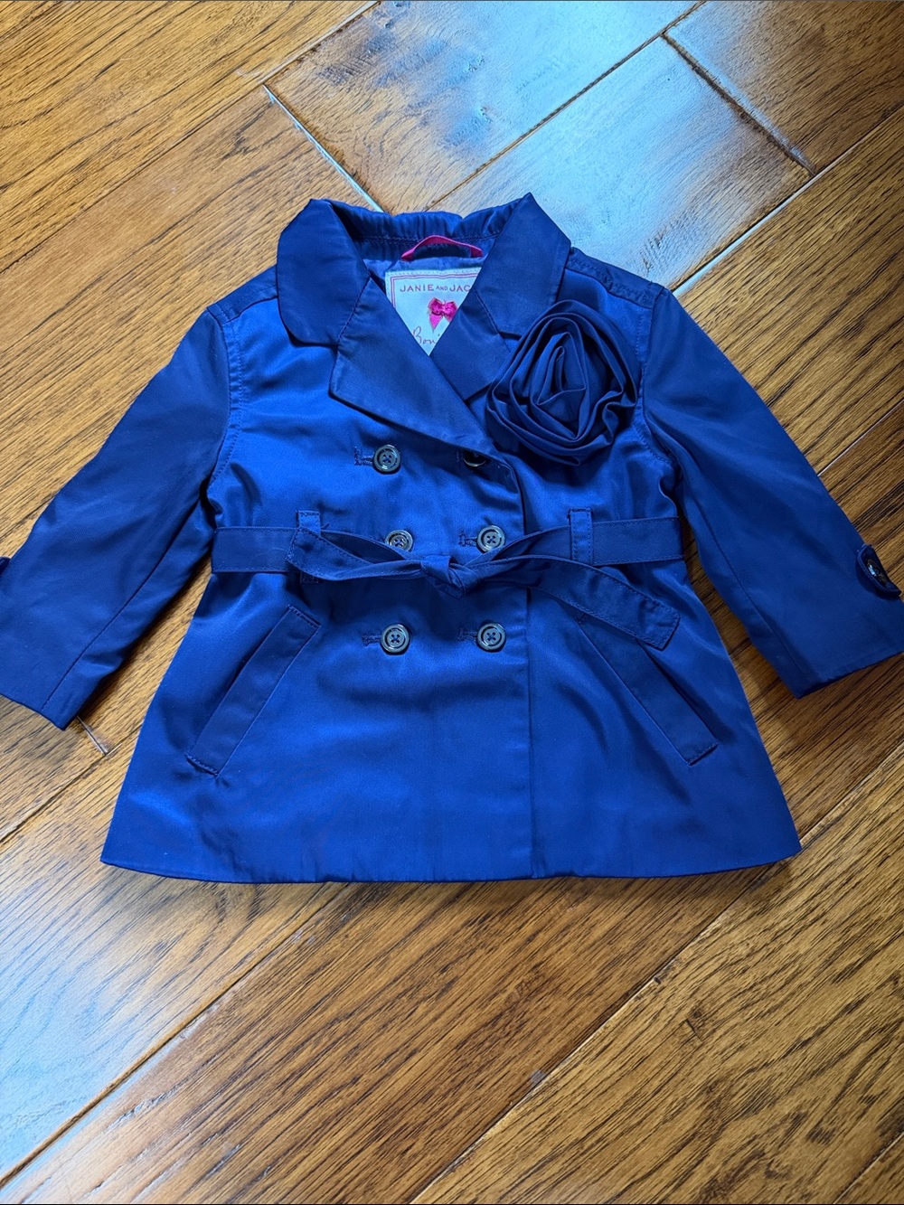 Janie and Jack Navy Pea Coat with Flower Accent